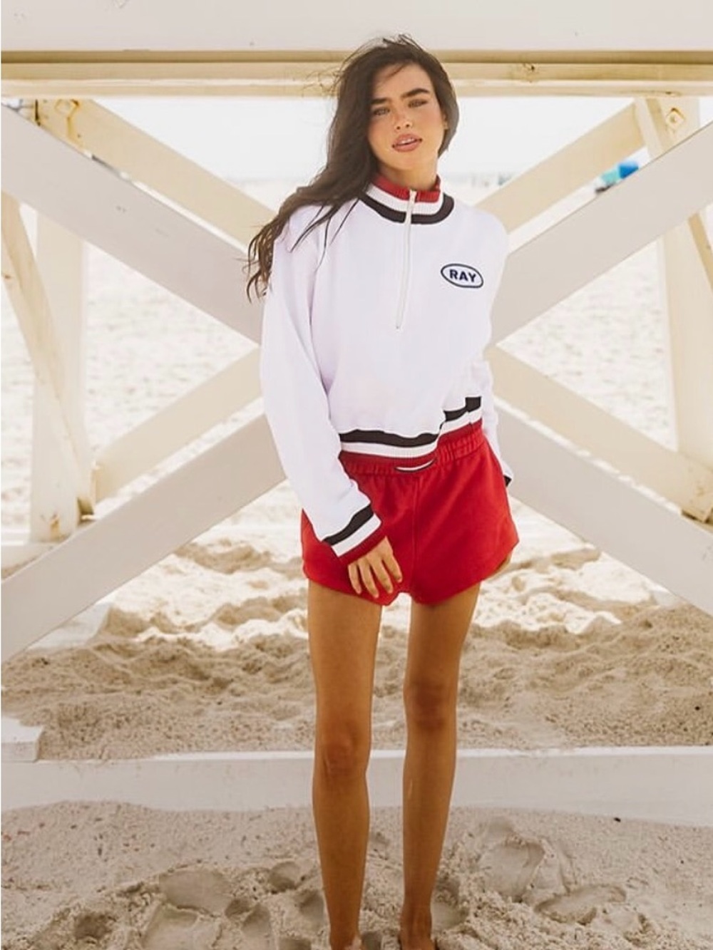 RAY White Cropped Quarter-Zip Sweater with Black Trim